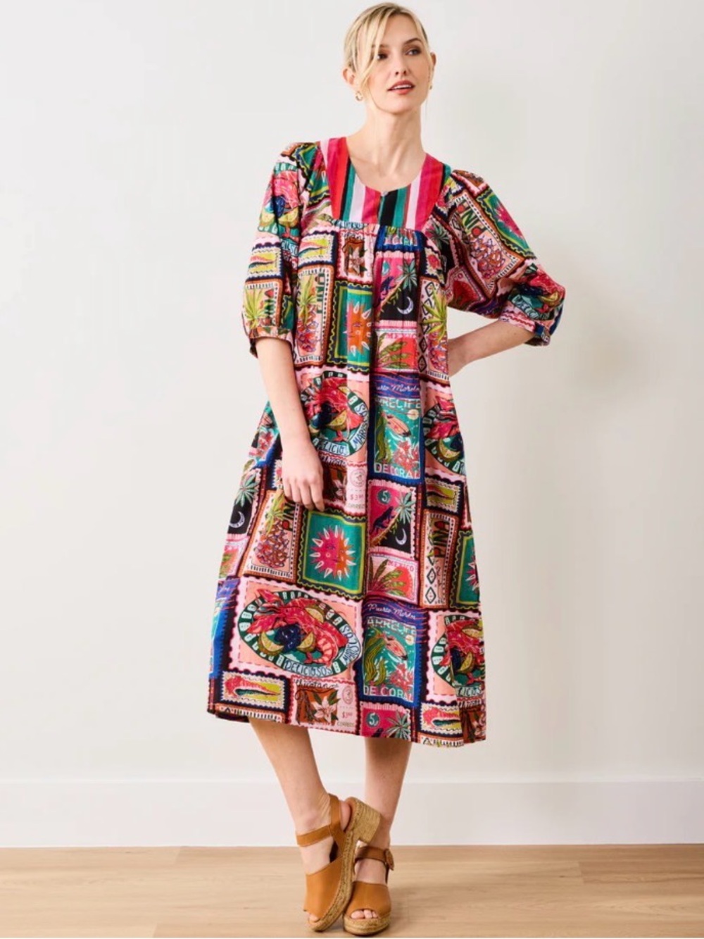 Printfresh Colorful Coast Vista Organic Cotton Dress Patchwork Pattern Pockets M